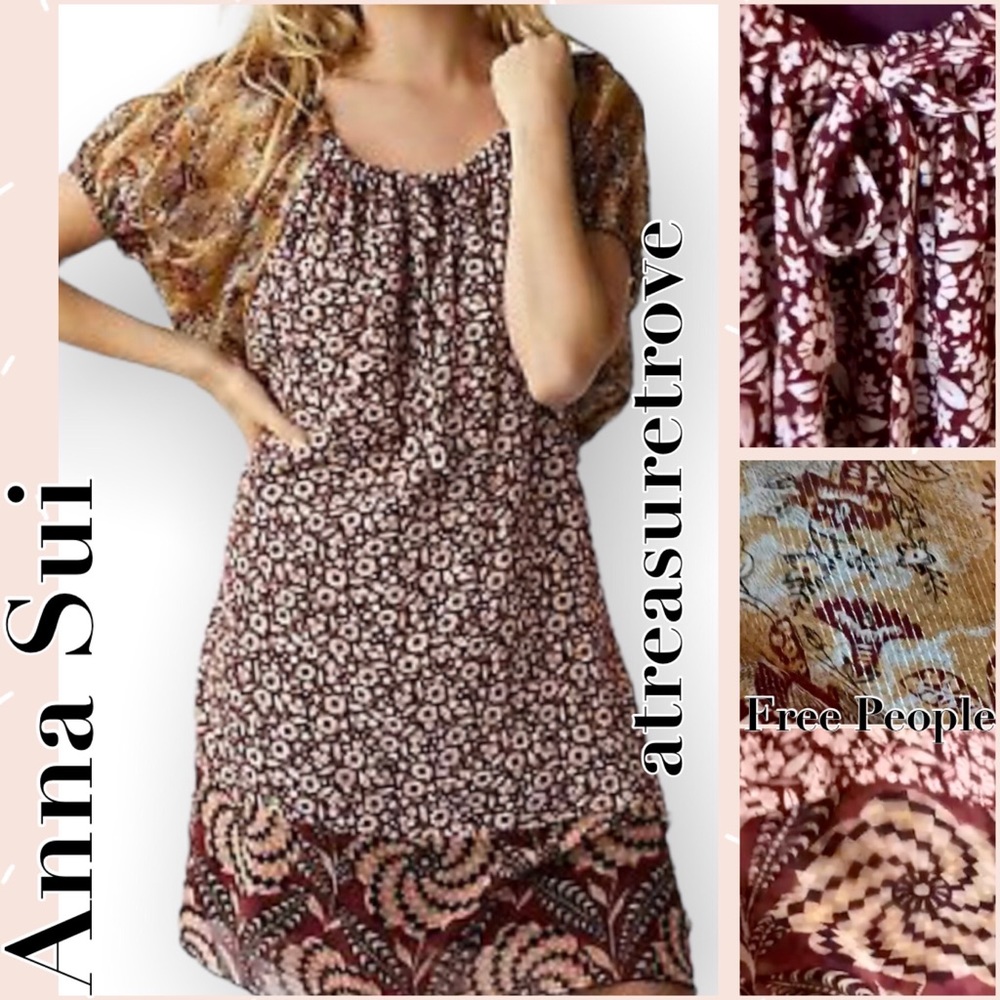 Anna Sui x Free People Upcycle Puff Sleeve Med Red Multi-print Silk Shift Mini